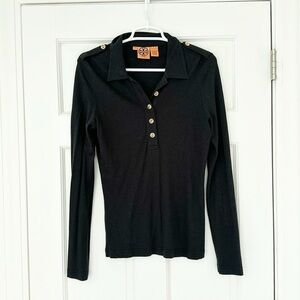 TORY BURCH shirt size M black pima cotton longsleeve gold buttons classic